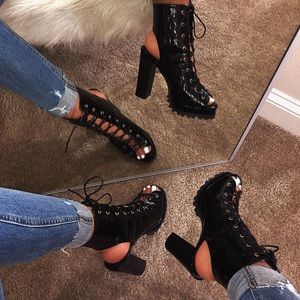 croc print lace up block heels